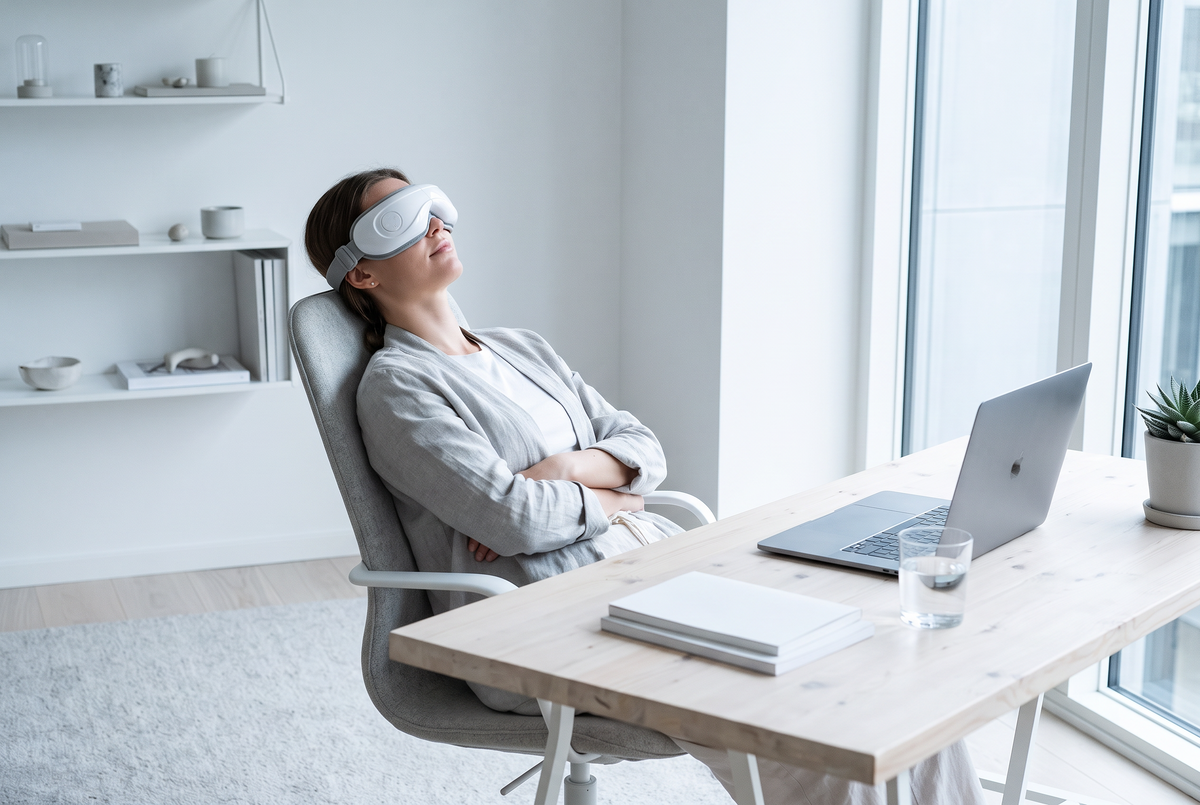 A woman leaning back from her desk wearing the Heated Eye Massager.