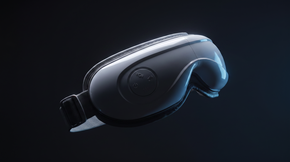 The Heated Eye Massager lit from behind against a dark background.
