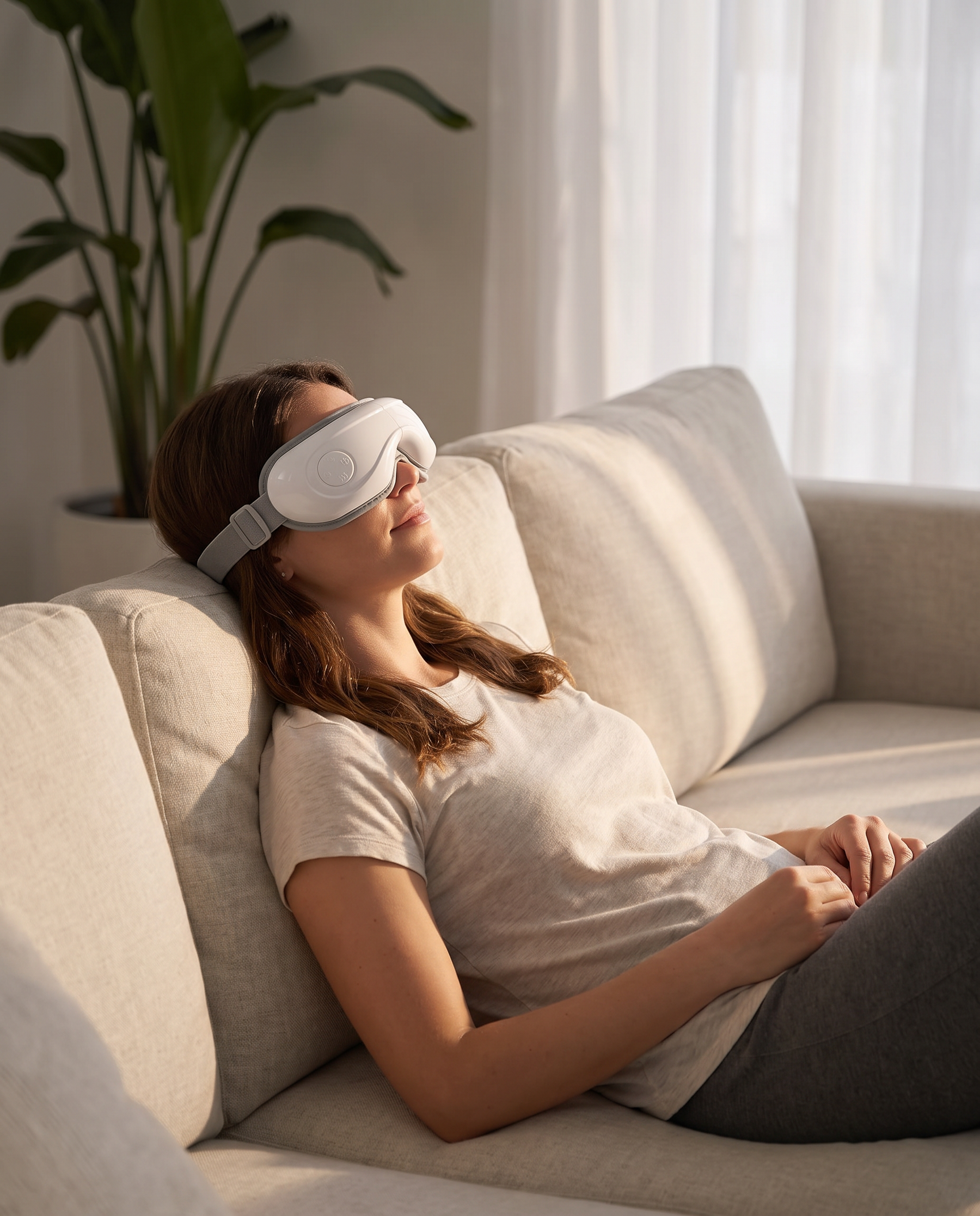 A woman reclining on a sofa wearing the Heated Eye Massager.