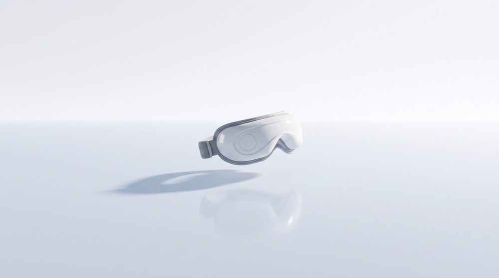 The Heated Eye Massager resting above a pale blue surface.