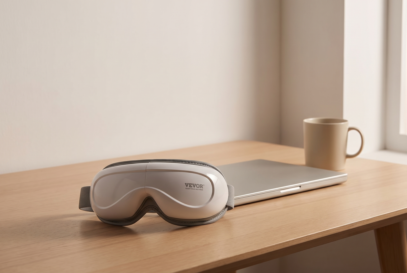 The Heated Eye Massager resting on a pale oak desk beside a closed laptop in low evening light.